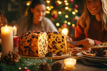 Family Celebrating Christmas with Panettone