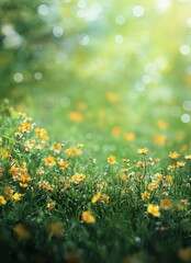 Obraz premium A vibrant meadow filled with yellow flowers under soft sunlight in a tranquil natural setting