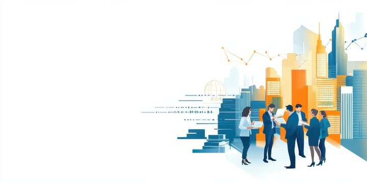 A banner with business images, such as office workers in suits and other professional attire engaging with each other on the right side of an abstract background Generative AI