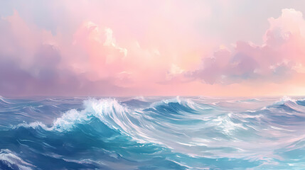 Fototapeta premium Abstract ocean waves under pastel sky painting. Impressionist Sky. Illustration