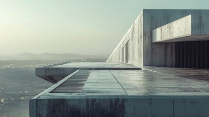 Obraz premium Ruined rooftop view overlooking a misty cityscape with modern buildings in the background