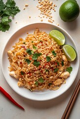 Authentic Thai pad thai served with lime wedges and crushed peanuts on a white plate