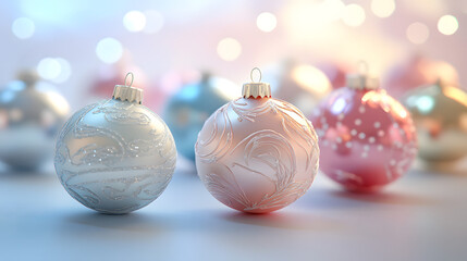 Elegant Display of Delicate Christmas Ornaments in Soft Pastel Colors Set Against a Light Background for a Warm Holiday Feel in Wallpaper