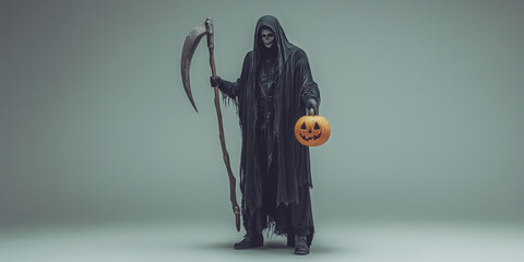 A full-body view of a person in a grim reaper costume holding a scythe and a jack-o'-lantern, set against a plain background