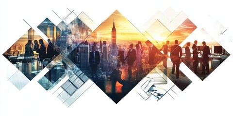 A collage of business images, such as people in suits, office spaces with computers, and a cityscape at sunset a large diamond shape in the center filled with various photos Generative AI