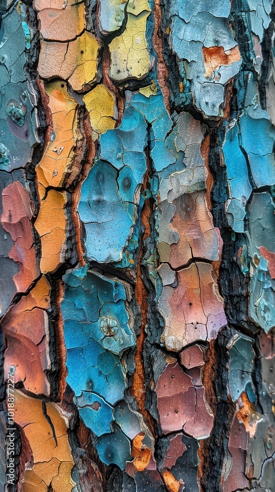 Poster close-up view of a colorful tree trunk displaying natural artistry in bark textures