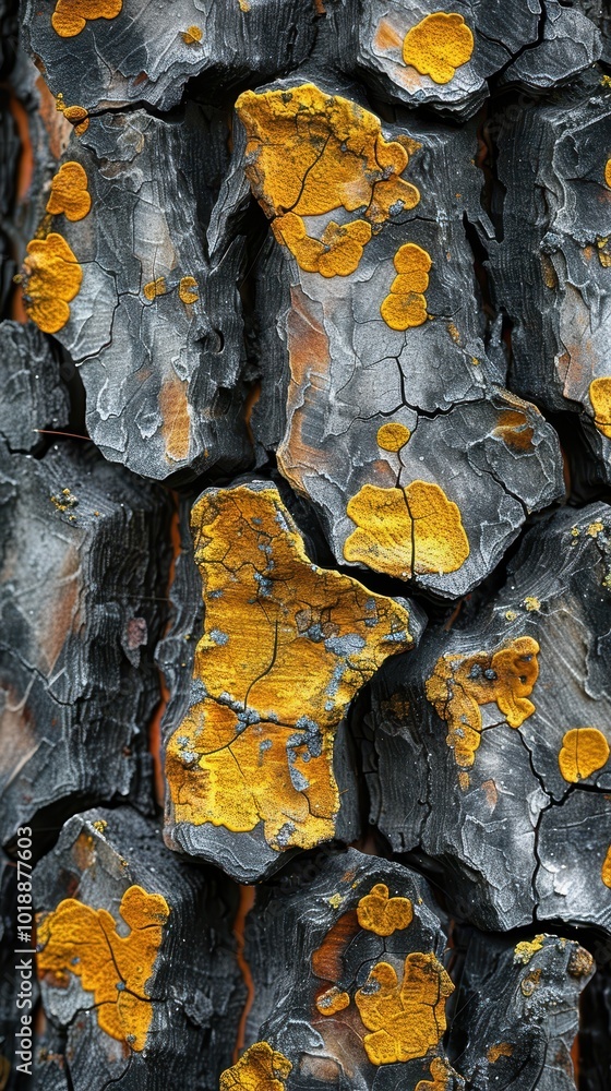 Poster close-up view of tree bark displaying unique yellow spots and intricate textures in nature