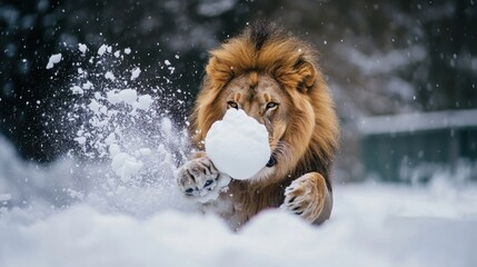 Majestic lion playing with a snowball in a snowy environment