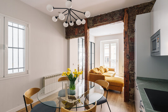 A modern, open-plan living room and dining area