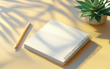 A blank notepad and yellow pencil beside a green plant on a table with sunlight creating shadows