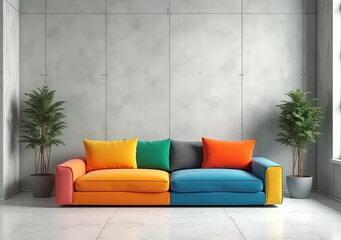 Rainbow multicolored sofa against concrete wall. Minimalist and eccentric furniture.