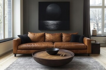 modern living room featuring a plush brown leather sofa and a striking black artwork on the wall the space is stylish and inviting perfect for relaxation and comfort