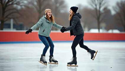 Obraz premium Beautiful female couple ice skating. women wearing winter jackets and hat, having fun in the outside skating arena. Lesbian couple