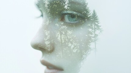 Enigmatic Double Exposure Portrait: Young Girl in Misty Forest Adventure - Realistic Ultra-Detailed Illustration