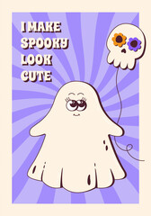 Cute Cartoon Groovy Ghost Character With Skull Balloon. Halloween retro poster, card. Vector illustration.