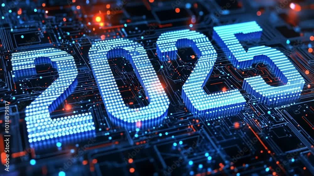 Aufkleber digital representation of the year 2025 with glowing numbers on a futuristic circuit background