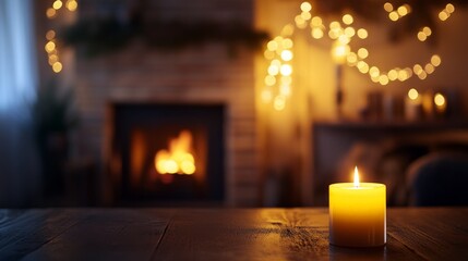 Blurred Fireplace with Candle Glowing in Warm Tones