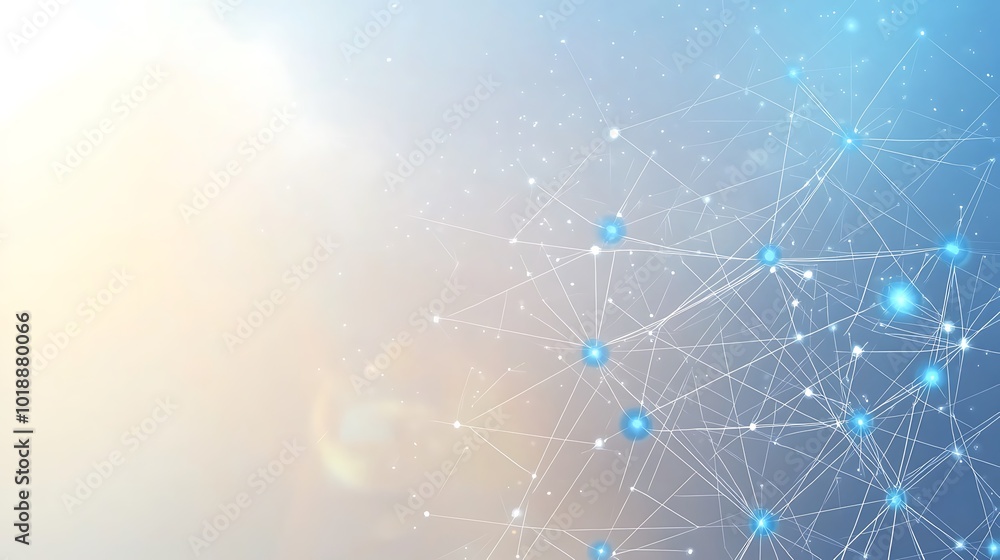 Poster abstract network of connected dots and lines against a blue sky and sun background.