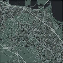 Map of Palo Alto in California in a smooth dark style. Contains layered vector with roads water, parks, etc.