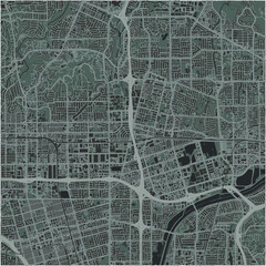 Map of Placentia in California in a smooth dark style. Contains layered vector with roads water, parks, etc.
