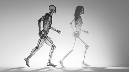 Fototapeta premium Skeletal human figures walking side by side.