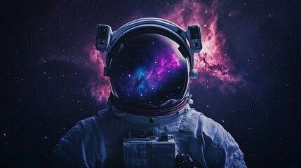 Astronaut's helmet reflecting a nebula in a starry sky.