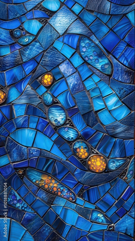 Poster intricate blue mosaic tile wall with vibrant patterns and textures in a modern setting