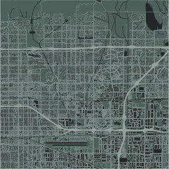 Map of Rancho Cucamonga in California in a smooth dark style. Contains layered vector with roads water, parks, etc.