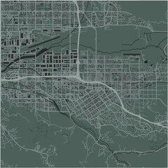 Map of Redlands in California in a smooth dark style. Contains layered vector with roads water, parks, etc.