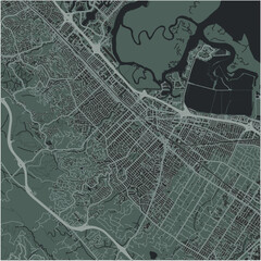 Map of Redwood City in California in a smooth dark style. Contains layered vector with roads water, parks, etc.