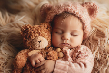 Newborn girl in pink suit with toy teddy sleeps