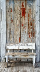 Weathered wooden wall with peeling paint and a rustic bench in a cozy outdoor setting