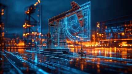 Fototapeta premium A cutting-edge pumpjack utilizing a holographic display for remote monitoring and control, reflecting the advanced capabilities of modern oil extraction technology.