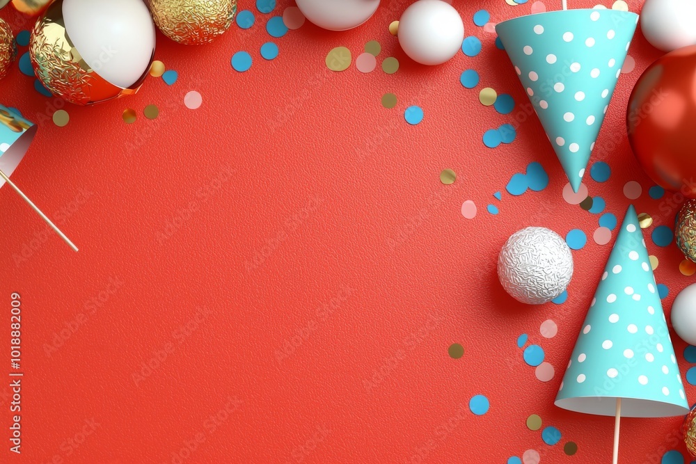 Poster the composition consists of a flat lay with party items against a red background, with space for tex