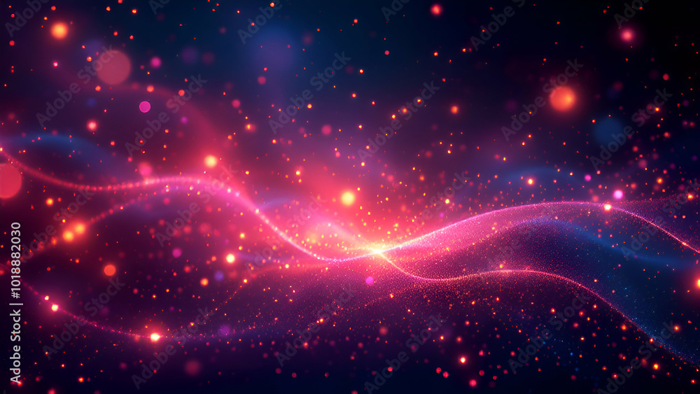 Poster a dark blue background with a red and blue glowing wave of particles and light. the particles are sc