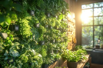 Obraz premium modern office featuring a living green wall filled with diverse perennial plants sunlight streaming in showcasing urban gardening and sustainable interior design elements