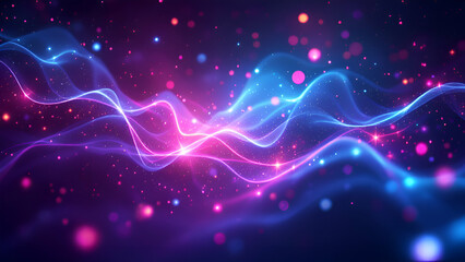 A dark background with abstract, glowing waves of pink and blue light. Scattered throughout are small and large circles of pink and blue bokeh.