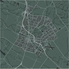 Map of Salinas in California in a smooth dark style. Contains layered vector with roads water, parks, etc.