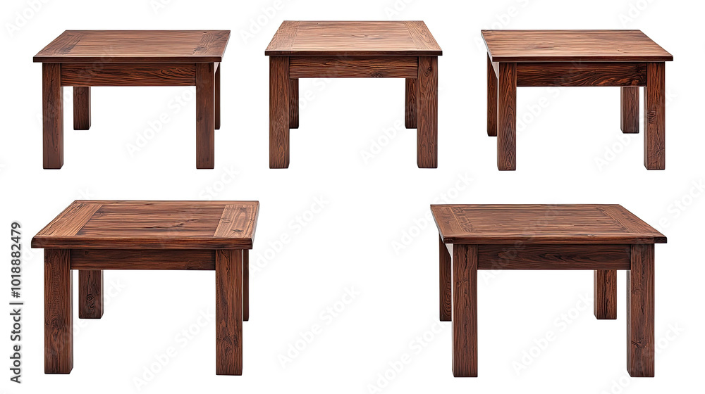 Poster collection of empty dark brown wooden tables arranged for display generative ai