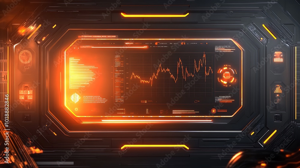 Poster Futuristic dashboard with a bright orange graph display showing data,  information, and statistics.
