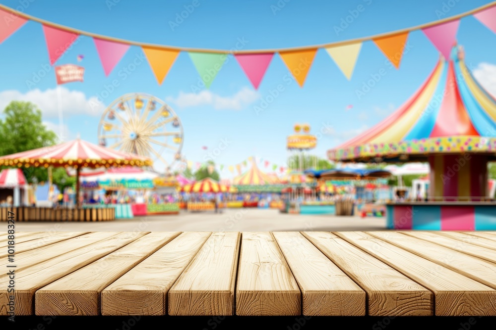 Poster The background of the image is blurred and has an empty wooden table with a party in the garden.