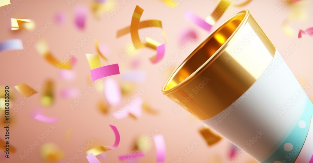 Poster 3d rendering of confetti and streamers exploding off of a party popper, celebration concept, 3d rend
