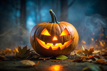 Obraz premium A halloween lit Jack O Lantern in a spotlight glow on a wide dark blue background
