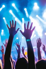 In front of a bright stage, a cheering crowd dances with raised hands