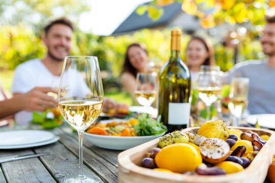 The mature man is seen sitting around the dinner table with a group of friends at the dinner table, toasting with red wine in the backyard - people from different generations have fun together in the