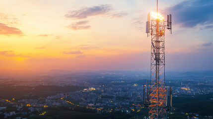 A tall cell tower stands illuminated against a vibrant sunset over a city skyline.