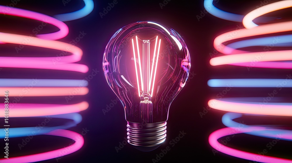 Wall mural neon light bulb with vibrant background effects