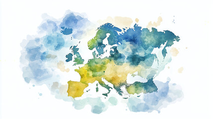 2d illustration for the map of europe, european map png on white paper background, watercolor blue color effect splash random digital painting