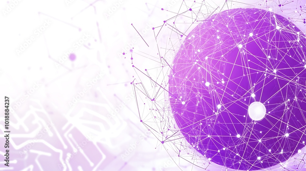 Poster abstract purple sphere with connected lines and dots on white background.