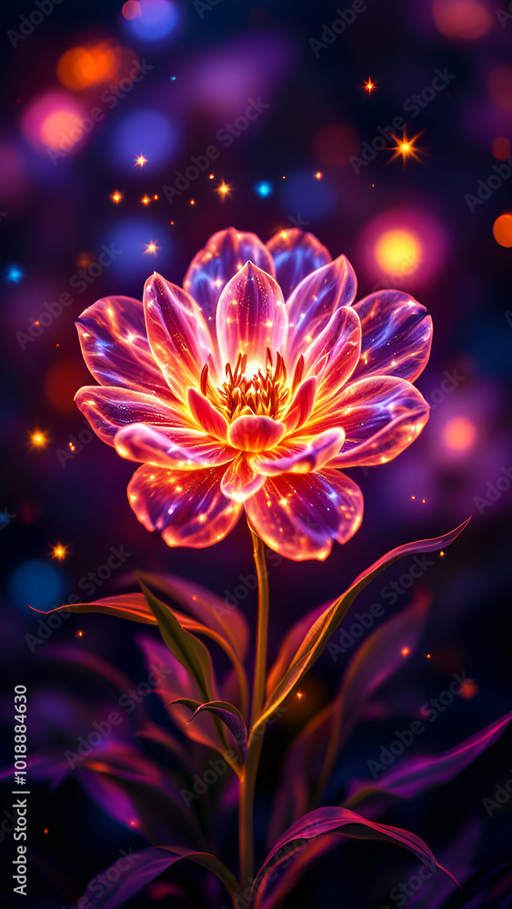 Poster a single flower with delicate petals glows with an ethereal light. the background features a bokeh e